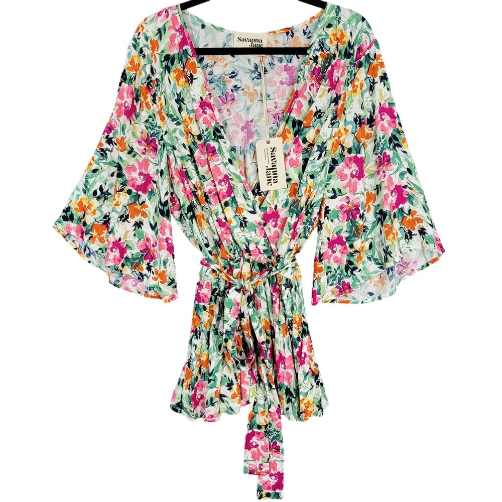 NWT SAVANNA JANE Floral Print Faux Wrap Flutter Sleeve Top Romantic SIZE 2X